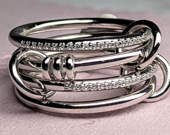 Two-Tone Sterling Silver Connected Rings: Simulated Diamond Multi-Band