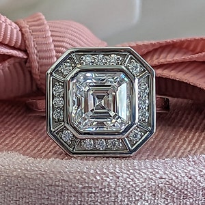 Moissanite Engagement Ring, Asscher Cut Lifetime Warranty, Halo Setting, Vintage Bezel Set