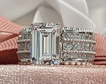 Emerald Moissanite Ring Wide Luxury Channel Set Gold Ring 6.85 ctw Lifetime Warranty & Service