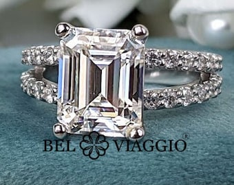 Emerald Cut Moissanite Engagement Ring: Split Shank Setting Gold Ring