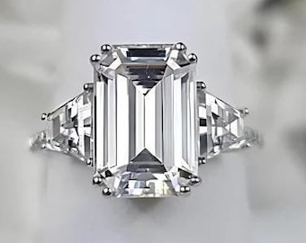 5.45 ctw Emerald Cut Moissanite Engagement Ring Trapezoid Three Stone Anniversary, Lifetime Warranty