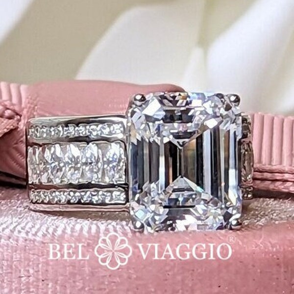 Emerald Cut Moissanite Engagement Ring: Channel Set 925 Silver Anniversary Jewelry