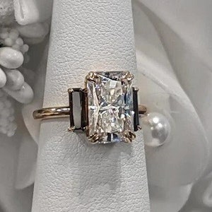 Radiant Cut Engagement Ring Three Stone Moissanite Ring Black Moissanite Anniversary Ring Bel Viaggio Designs