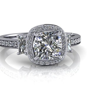 Moissanite Three Stone Ring, Halo Ring, Cushion Cut Engagement Ring ,Radiant Cut Gold Ring 2.87 ctw Bel Viaggio Designs