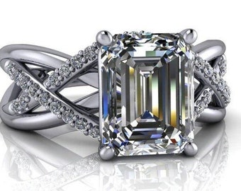Moissanite Engagement Ring Emerald Cut Woven Setting Proposal Ring Lifetime Warranty