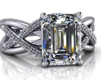 Moissanite Engagement Ring Emerald Cut Woven Setting