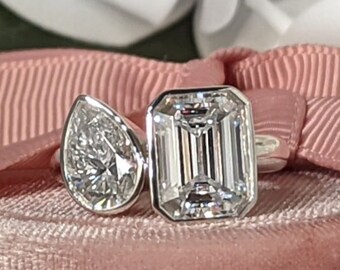 Toi Et Moi Ring Emerald & Pear Bezel Set Moissanite Engagement Ring Bel Viaggio Designs