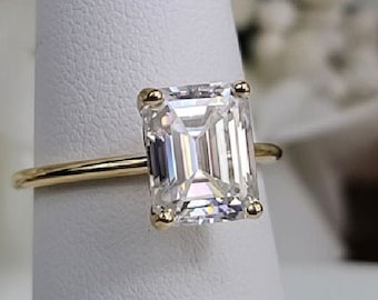 4.20CTW Gold Moissanite Ring, Emerald Cut, Cathedral Solitaire Setting, Lifetime Warranty