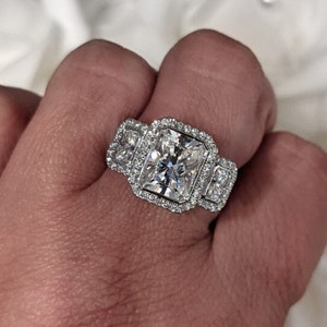 925 Silver Moissanite Engagement Ring Radiant Cut Three Stone