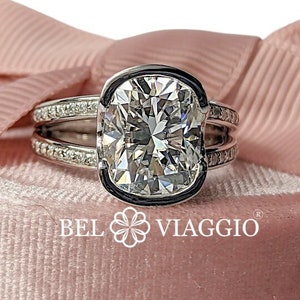 Euro Shank Moissanite Engagement Ring, Bezel Set Cushion Cut, Lifetime Warranty, Split Shank