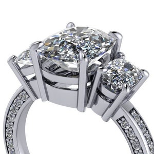 Gold Moissanite Engagement Cushion Cut Three Stone Ring Moissanite Ring 5.25ctw Bel Viaggio Designs