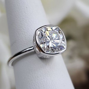 Cushion Cut Moissanite Engagement Ring, Lifetime Warranty, Bezel Set Solitaire 14kt Gold Proposal Ring 3.30 ctw