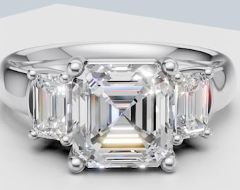 Asscher Cut Lab Diamond Three Stone Ring, IGI Certified F VS2 Diamonds, Cathedral Setting Milestone Ring