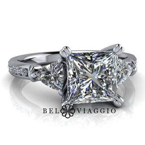 14kt Gold Moissanite Ring Princess Cut Engagement Ring Three Stone Anniversary Ring  2.26 ctw Bel Viaggio Designs