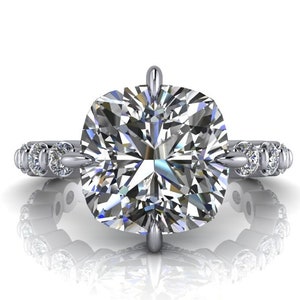 14kt Gold Engagement Ring Cushion Moissanite Ring Hidden Halo 6.05 ctw Bel Viaggio Designs