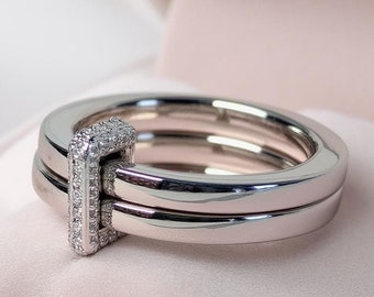 Diamond Connected Stacking Rings, Multi-Band Ring Sterling Silver, Gold, Two Tone