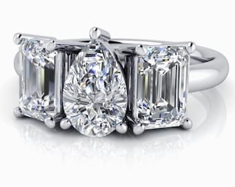 Three Stone Lab Grown Diamond Ring: Pear & Emerald Cut Anniversary Ring