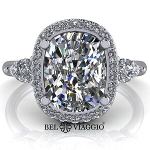 Cushion Engagement Ring Pear Accent Stones Halo Moissanite Ring 3.12 ctw Bel Viaggio Designs