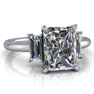 Three Stone Engagement Ring Radiant Cut Anniversary Ring Silver Gold 3.12 ctw Bel Viaggio Designs