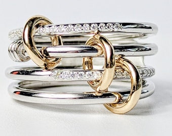 Connected Multi-Band Ring, Gold Diamond Stacking Rings, Two Tone, Sterling Silver