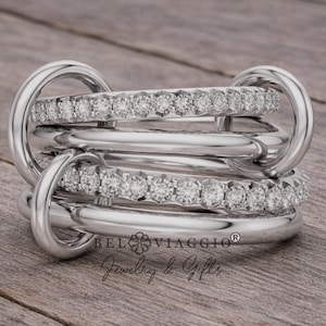 Connected Ring Set, Wedding Band, Modern Marriage Ring, Diamond Stack for Couples