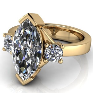 Marquise Moissanite Three Stone Engagement Ring: Gold Bridal Jewelry