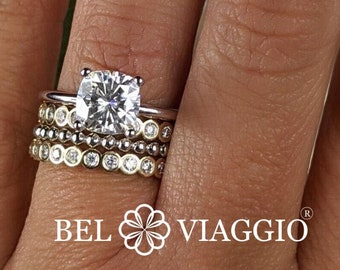 Gold Engagement Bridal Stacking Ring Set Moissanite Engagement Ring Cushion Cut Ring 3.64 ctw Bel Viaggio Designs