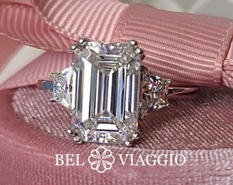 Emerald Moissanite Ring Gold Engagement Ring Trapezoid Accents Three Stone Ring 5.41 ctw Bel Viaggio Designs