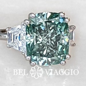 Anniversary Ring Engagement Moissanite Cushion Cut Trapezoid Celebrity Inspired Three Stone Ring 9.50 ctw Bel Viaggio Designs