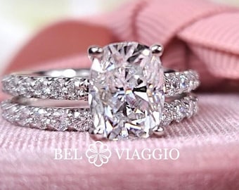 Engagement Ring Bridal Set Gold Cathedral Ring Cushion Cut Moissanite Wedding Set 3.64 Bel Viaggio Designs
