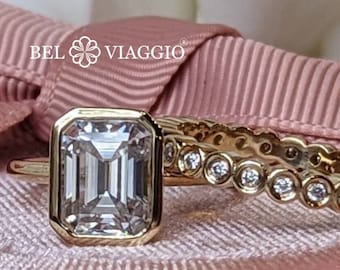 Emerald Moissanite Ring, 14K Gold Wedding Set: Bezel Cathedral Ring