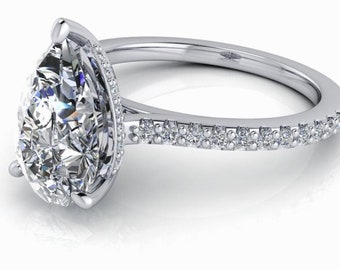 Pear Diamond Engagement, Hidden Halo, Certified Lab Grown Diamond Ring, Cathedral Setting