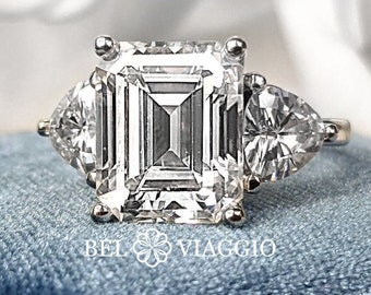 Emerald Cut Statement Moissanite Engagement Ring Trillion, Three Stone, Lifetime Warranty