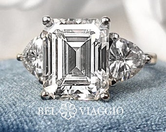 Emerald Cut Statement Moissanite Engagement Ring Trillion Accent Three Stone Ring Bel Viaggio Designs