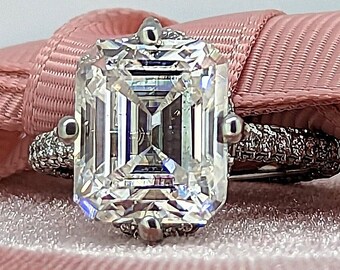 Emerald Cut Moissanite Engagement Ring: Hidden Halo, Iced Out Setting, 8.23 ctw