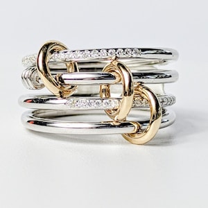 Silver Connected Ring Set, Gold Links, Simulated Diamonds