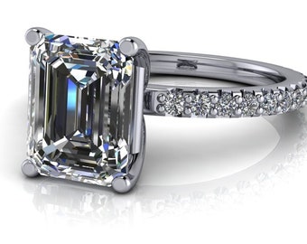 Gold Engagement Ring Emerald Cut Moissanite Solitaire with Accents 2.83ctw