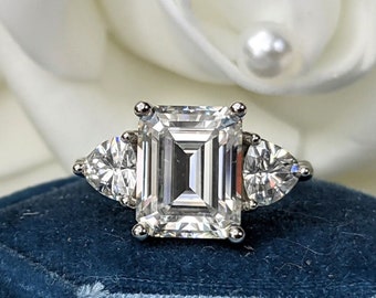 Emerald Cut Three stone Engagement Ring Moissanite Trillion Ring 4.55 ctw Bel Viaggio Designs