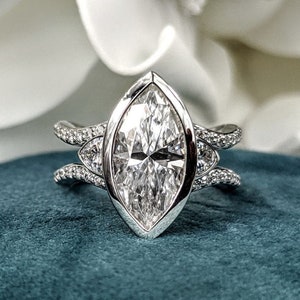 Marquise Engagement Ring Split Shank Bezel Set Moissanite Ring Gold or Platinum 3.20 ctw Bel Viaggio Designs