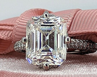 Hidden Halo Moissanite Engagement Ring Emerald Cut Iced Out Free Service Plan