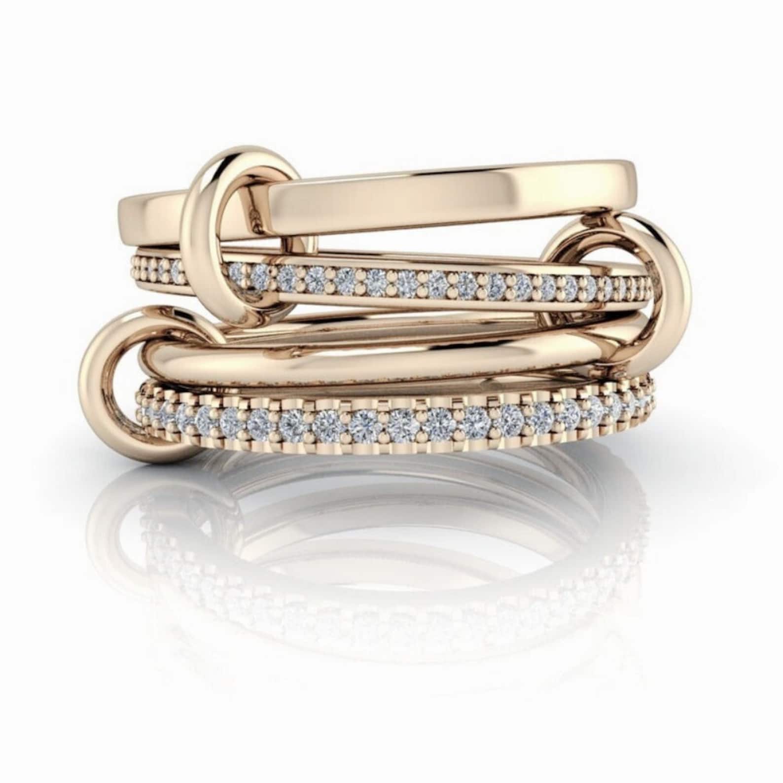 Connected Stacking Rings Solid Gold Linked Rings, Diamond Bands - Etsy