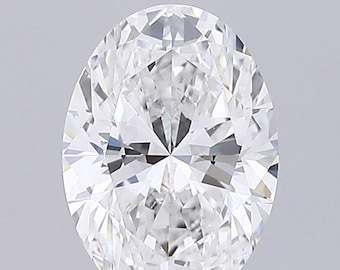 May include: A loose oval-cut diamond featuring a brilliant faceted surface with numerous triangular and kite-shaped facets that reflect light. The gemstone is colourless and transparent, displaying a symmetrical arrangement of sharp, geometric edges.