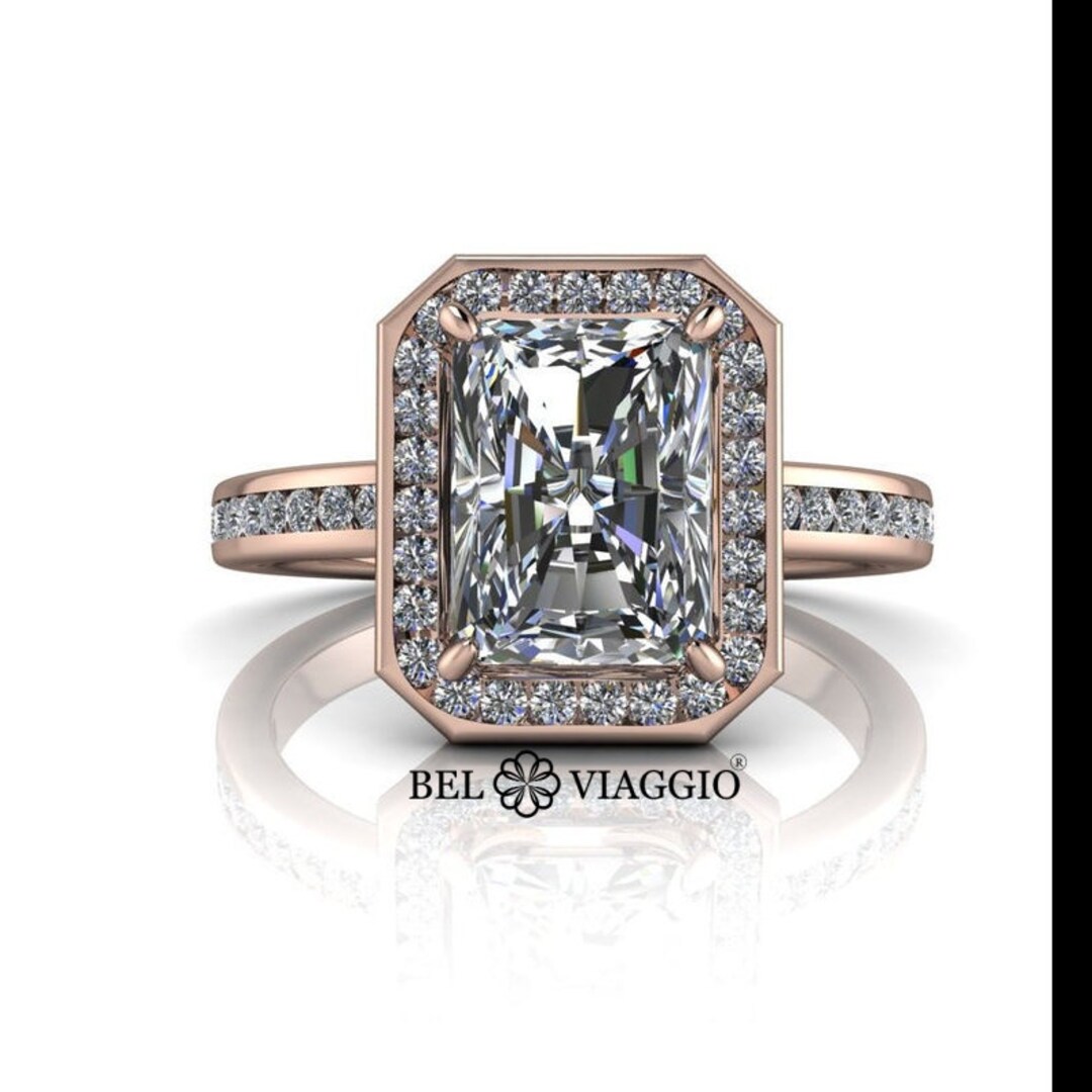 Stunning Radiant Cut Halo Engagement Ring Channel Set Moissanite Ring 2.16 Ctw Bel Viaggio