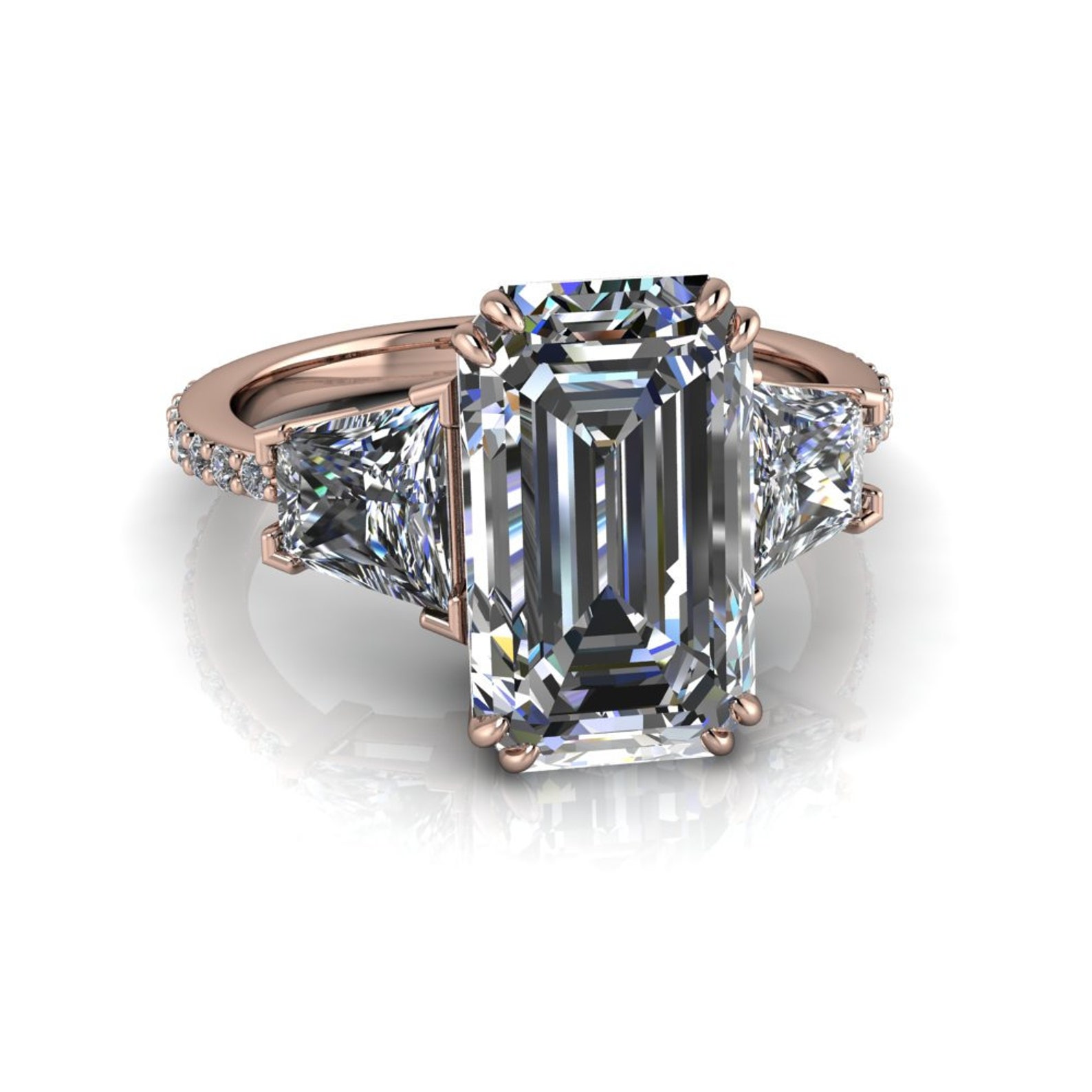 Emerald Cut Engagement Ring Trapezoid Three Stone Moissanite Etsy