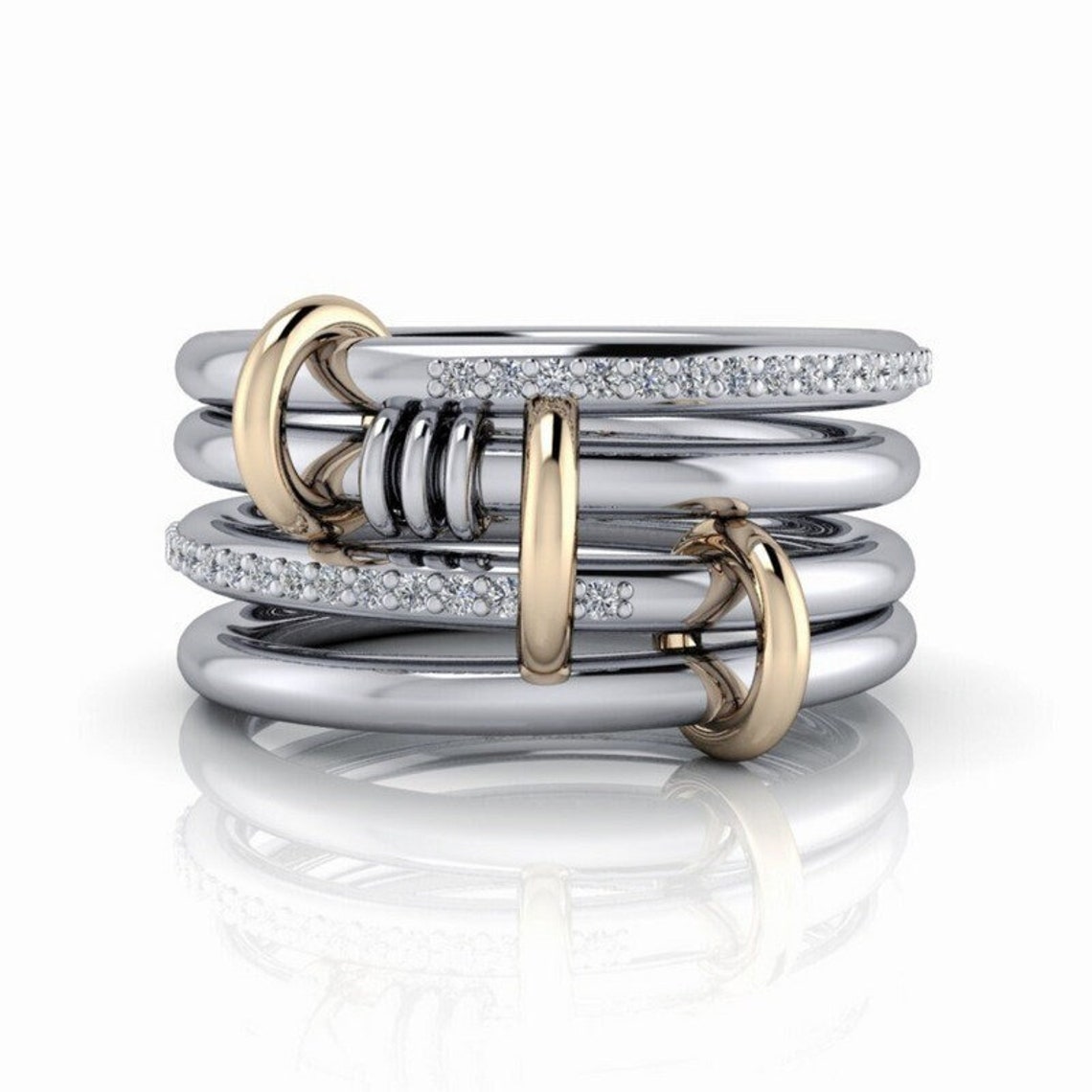 Stacking 2 Rings Connected Multi-band Ring, Gold Diamond Stacking Rings, Two Tone ...