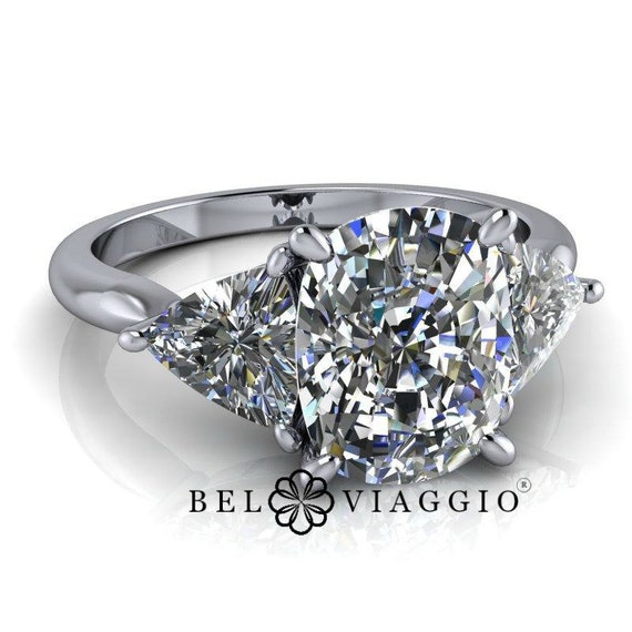 Three Stone Cushion Cut Engagement Ring Trillion Side Stones