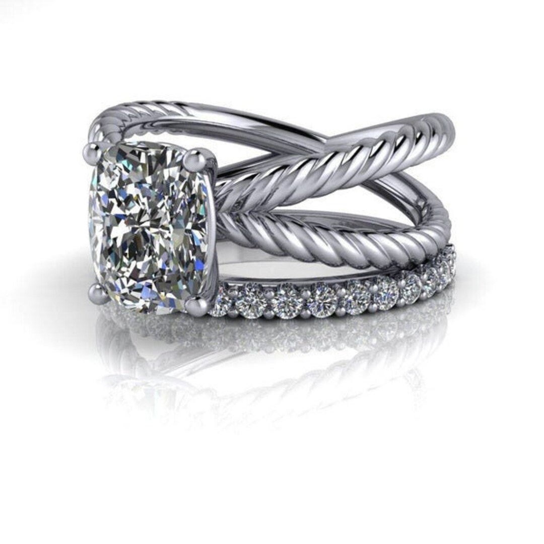 Cushion Cut Moissanite Engagement Ring Set: Split Shank Gold Wedding ...