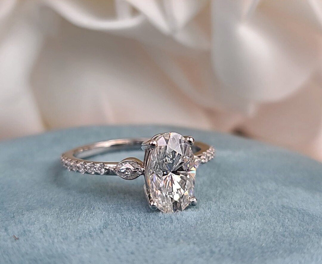 Oval Moissanite Engagement Ring, Three Stone, Silver Proposal Ring 2.54 ...