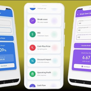 Puede incluir: Tres teléfonos inteligentes blancos que muestran aplicaciones de calculadora financiera. Las aplicaciones muestran cálculos de margen de beneficio, puntos de equilibrio y otras métricas financieras. Las pantallas presentan esquemas de color azul y púrpura con texto e iconos blancos.