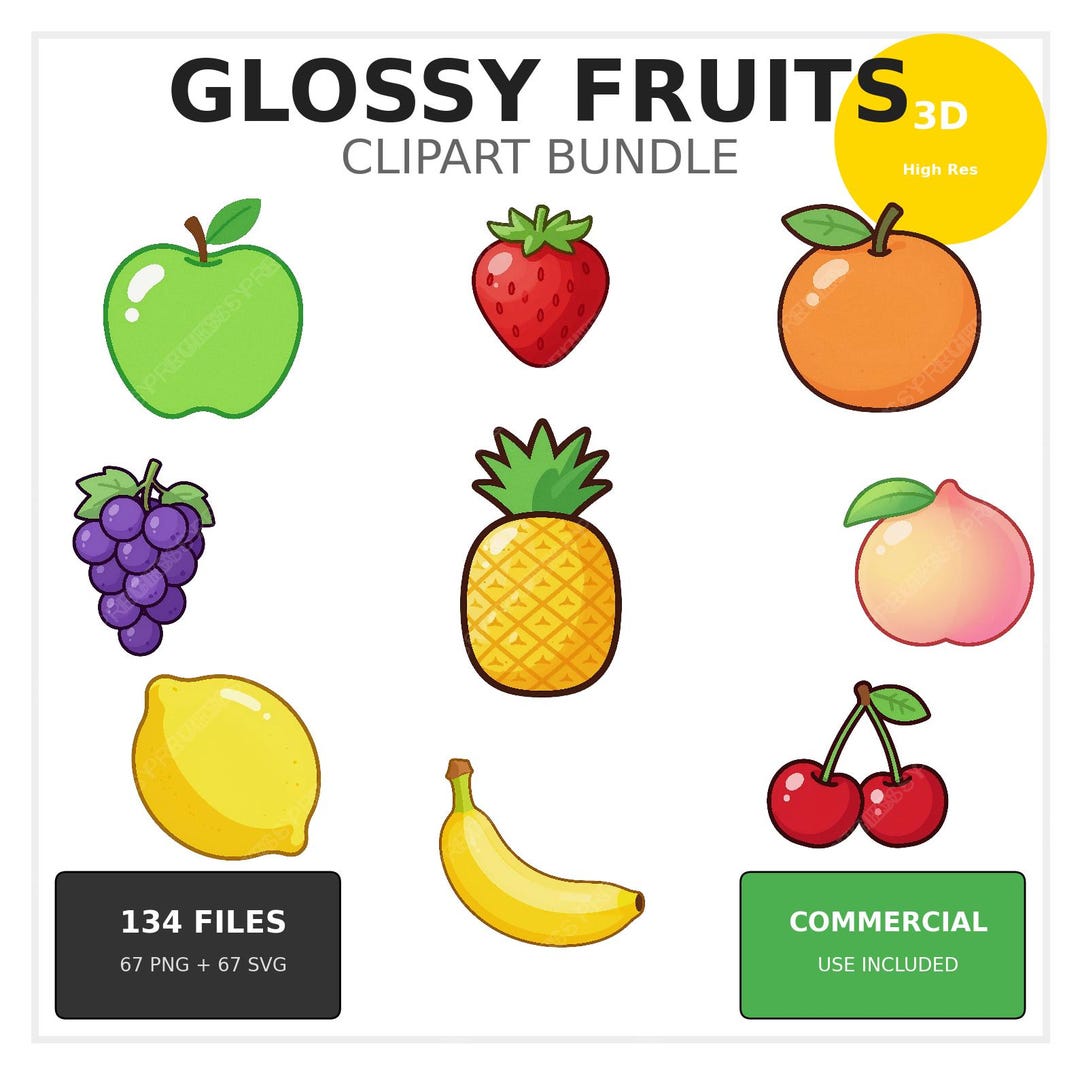 Glossy Fruits Clipart Bundle 67 PNG & SVG 3D Realistic Sublimation ...